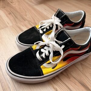 Vans Black Canvas Old Skool Sneakers with Yellow and Red Flame Panels